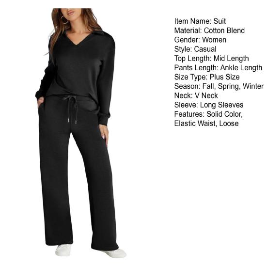 2 Pcs/Set Women Top Pants Suit V Neck Long Sleeves Solid Color Sport Sweatshirt Drawstring Elastic Waist Wide Leg Trousers Fitness Outfit Fall Spring