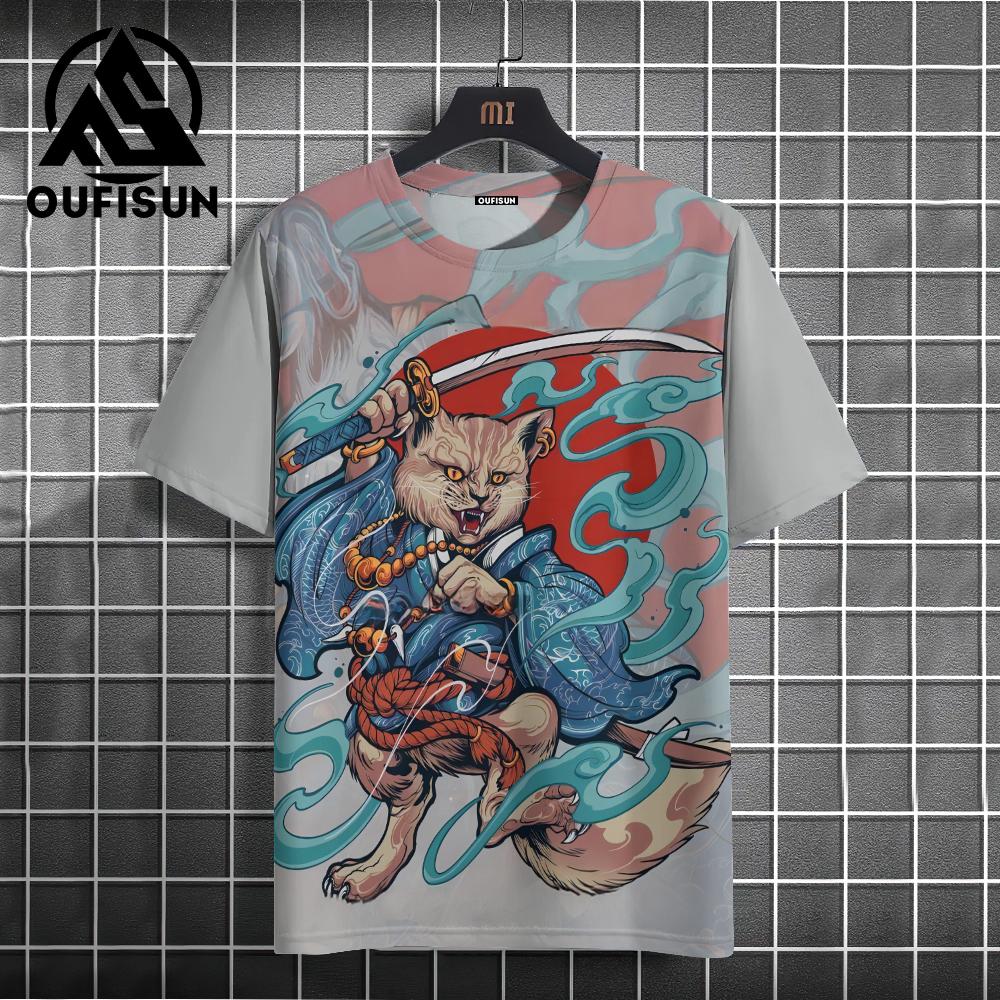 Men's Animal T-Shirt Japanese Samurai Cat Element Graphic 3D Print T-Shirt