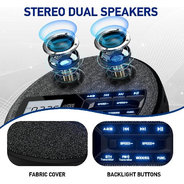 Перезаряжаемый портативный CD-плеер с двумя динамиками и функцией Anti Skip, CD, Dual Bluetooth, FM-передача, USB, AUX, ЖК-дисплей, кнопка с подсветкой, повтор