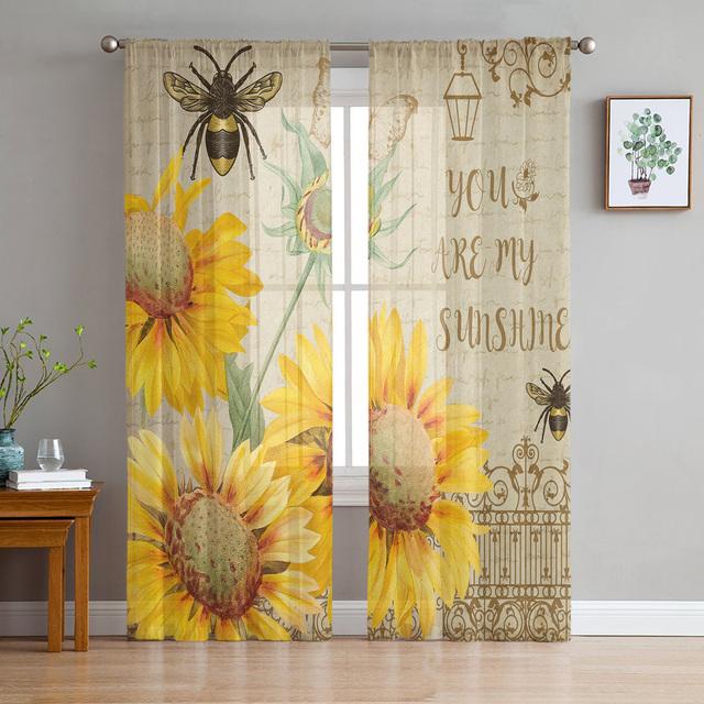 Bee Azalea Retro Flower Tulle Curtains For Living Room Bedroom Decoration Modern Chiffon Sheer Voile Kitchen Window Curtain