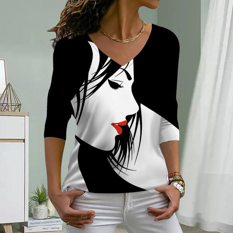Handsome Woman's Face Print Women Tshirts Ladies Tops Long Sleeve V-neck Pullover Femme T-shirts T Shirt For Women