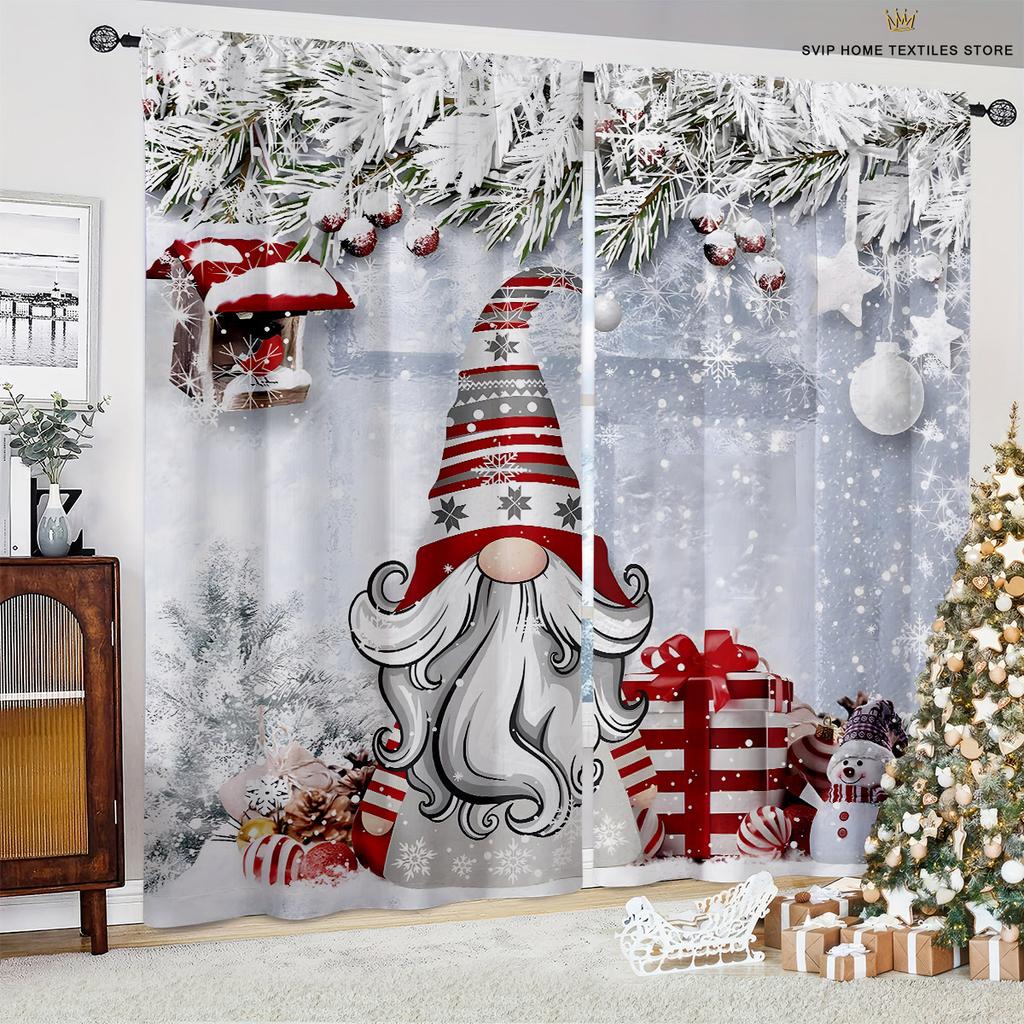 Santa Claus Snowman and Snowflake Red Print Curtains, Bedroom, Living Room, Kitchen, Holiday Party, Decorative, 2 Pcs