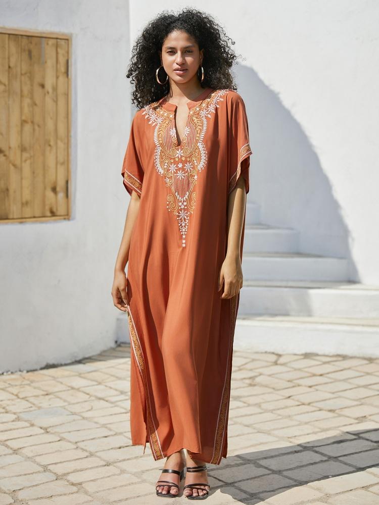 EDOLYNSA Embroidered Women's Kaftan Robe Caftan Fashion Holiday Dress Loose Cozy Bathing Suit Cover Up Lounge Wear House Dress Wrap Q1653