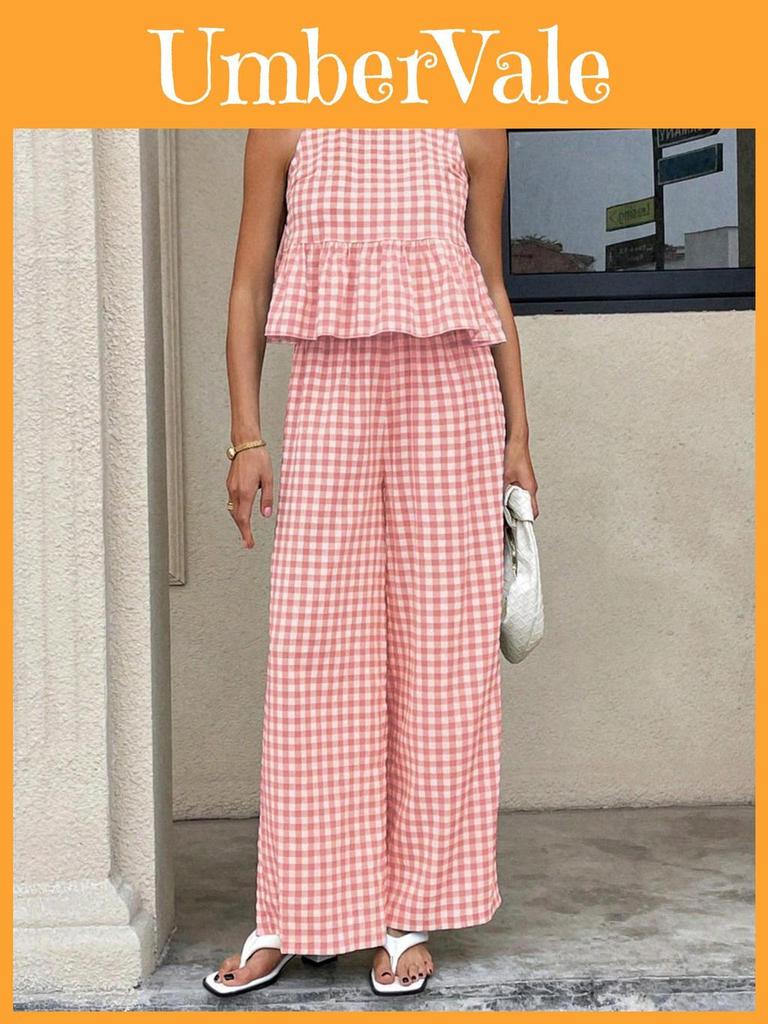Casual Plaid Sleeveless Twopiece Set With Ruffle Hem For Women Spring Summer Comfort