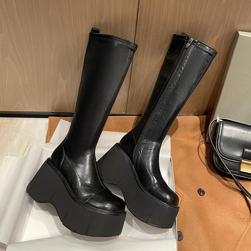 Designer Women Platform Knee High Boots Elegant Wedges Heel Shoes Concise Long Botas De Mujer