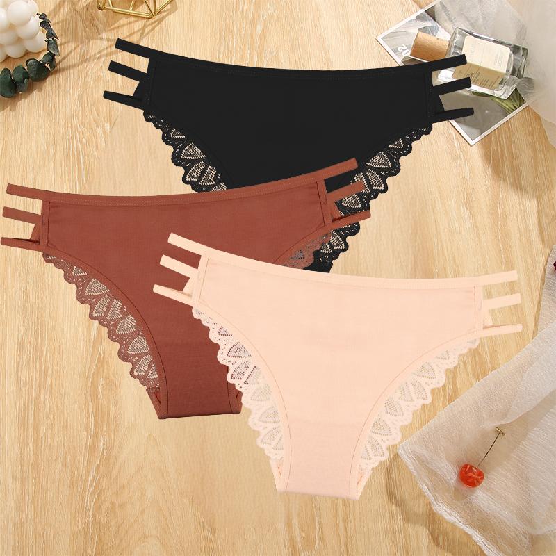 3Pcs Sexy Lady Style Transparent Lace Underwear Women's Straps Panties Seamless Perspective Briefs Low Waisted Triangle Pants