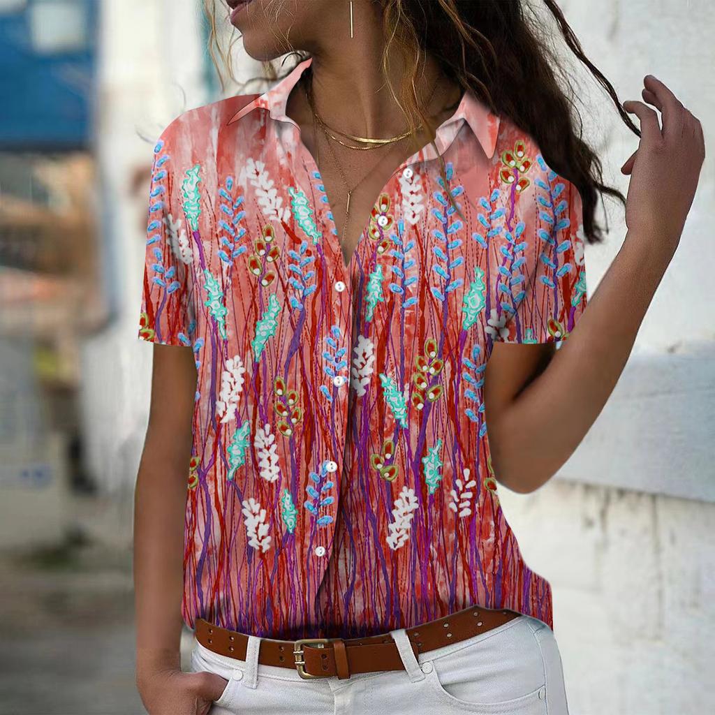 2025 Summer New Fashion Women's Plant Printed Short Sleeve V-neck Casual Button-down Shirt Top