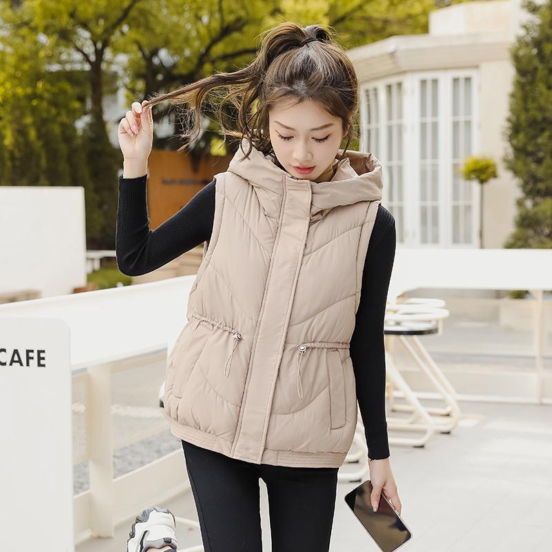 Women Autumn Winter Hooded Collar Sleeveless Solid Color Drawstring Warm Coat Vest