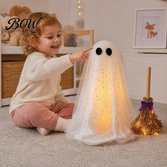 Glittery Halloween Ghost Decor Decoration with Broom, Spooky Sequins Mesh White Ghost, Cute Reusable Figure Adjustable Standing for Party, Home,