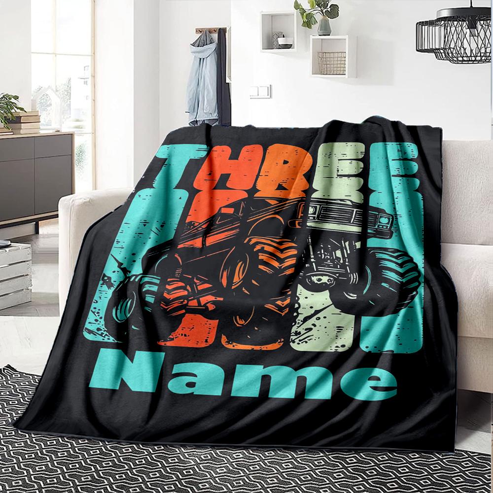 Custom Name Truck Theme Printed Blanket - Perfect for Couch, Bed, Travel & Outdoor Use | Machine Washable, Cozy & Durable.