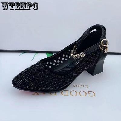 Черные босоножки на высоком каблуке из мягкой кожи; сетчатые полые стразы; женские туфли-лодочки с ремешком и пряжкой; повседневная рабочая обувь на толстом каблуке