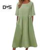 Summer Dress with Pockets Round Neck Loose Waist Short Sleeves Calf Length Solid Color Midi Dress for Work School Dating