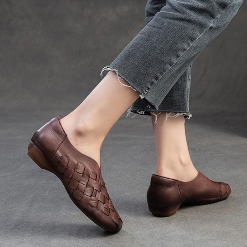 Johnature Ретро-лоферы ручной работы из натуральной кожи с мягкой подошвой, женские туфли без застежек на низком каблуке