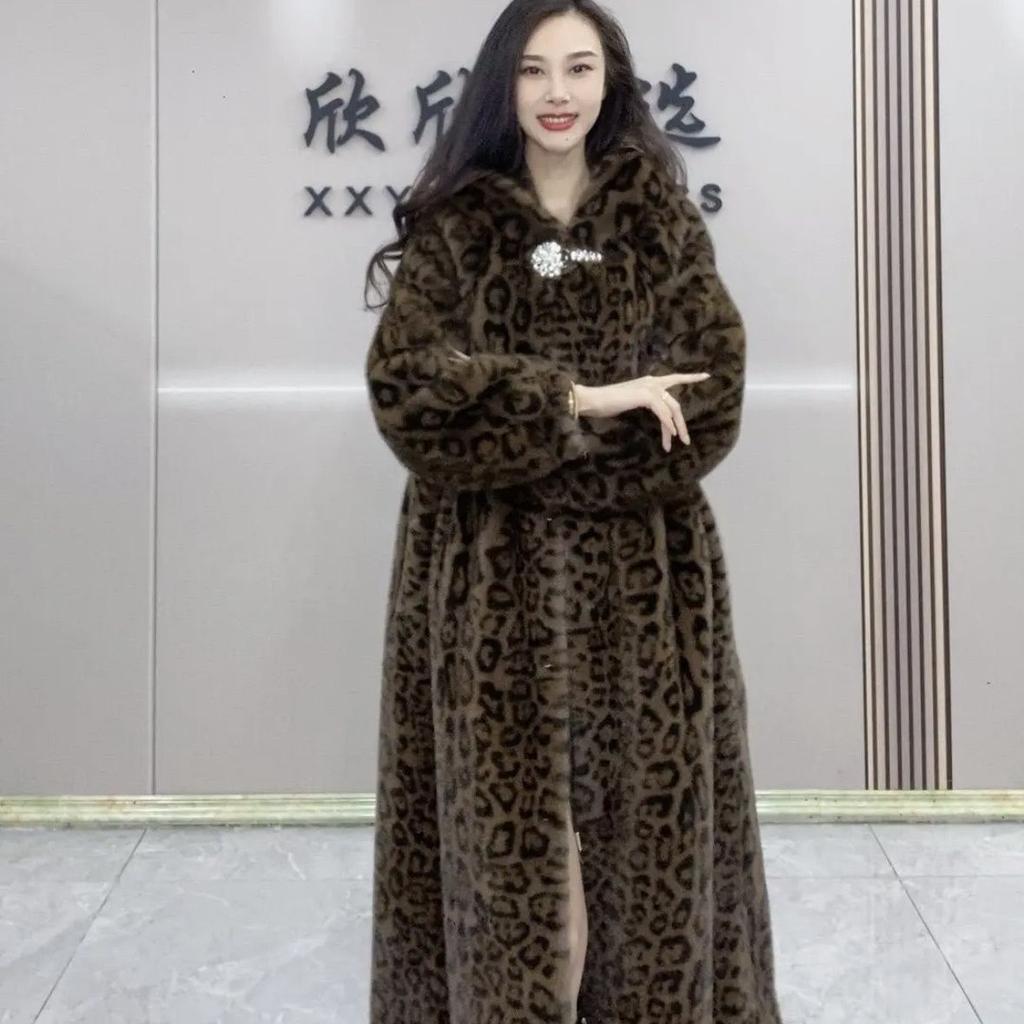 Europe, America, autumn and winter new hooded environmentally friendly hairy imitation mink fur leopard print extended loose fashion coat