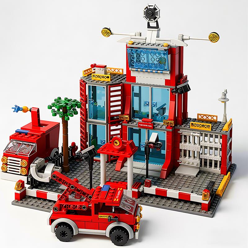 Police and Fire Station Building Blocks Set with Rescue Truck Car Figures Construction Toy for Boys Kids Learning Christmas Gift
