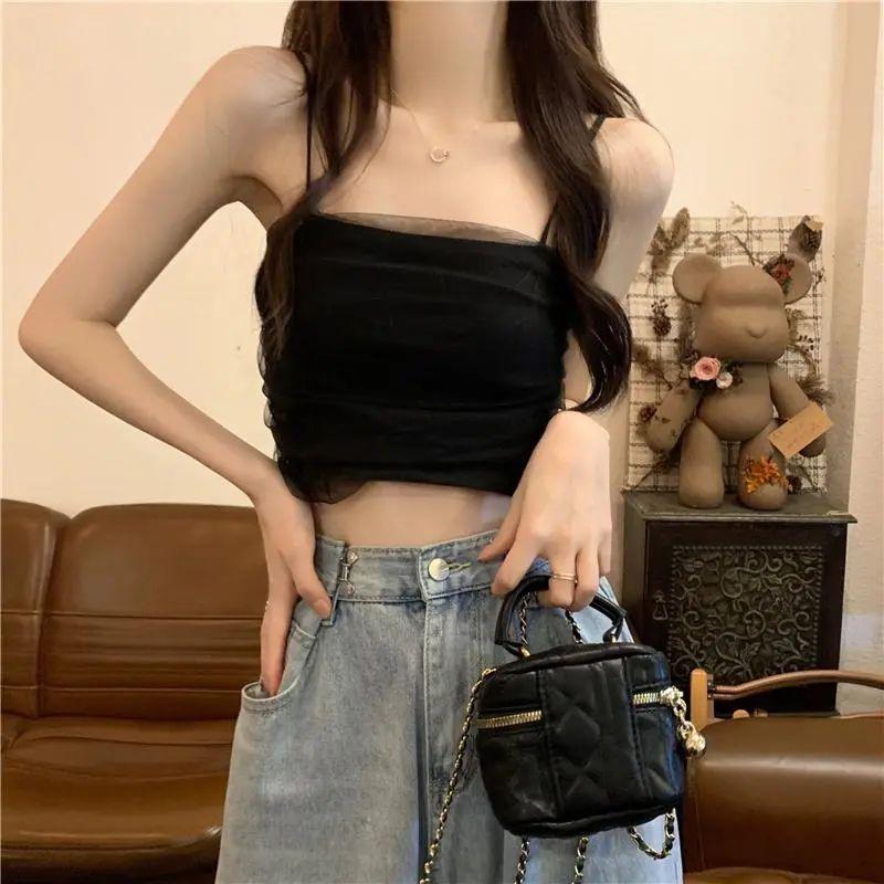 Белая сетчатая майка на подтяжках для женщин, летняя, короткая, облегающая, без бретелек