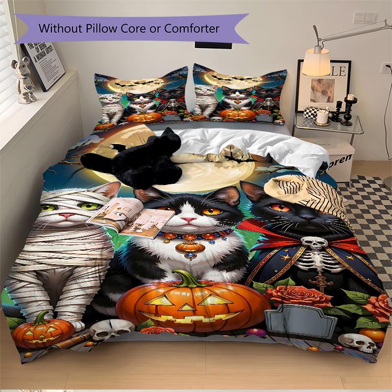3pcs Halloween Cats Duvet Cover Set, Cover For Bedroom Guest Room (1 Duvet Cover + 2 Pillowcase, Without Quilt), yy250922130