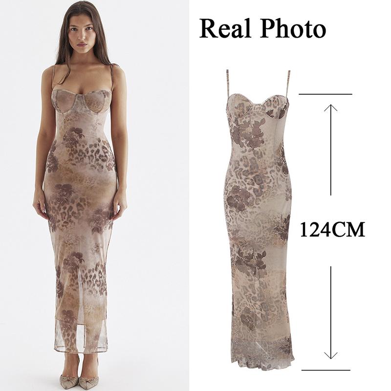 Summer Spaghetti Strap Leopard Printing Dress Elegant Vintage Bodycon Mesh Birthday Wedding Guest Party Dress Long