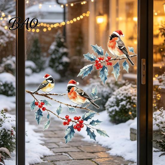 Indoor Outdoor Glass Stickers Christmas Watercolor Bird Window Sticker, Santa Hat on Beey Reusable Party Decorations Branch Static Decal, Waterproof
