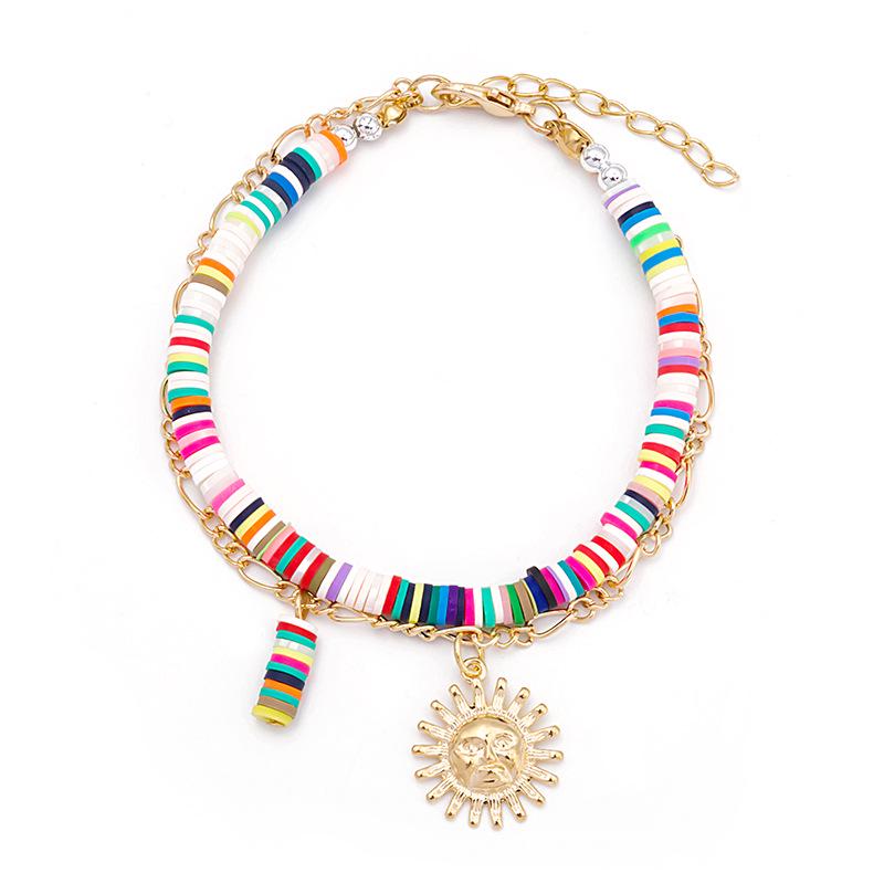 Пляжный богемный многослойный браслет: Разноцветная полимерная глина с подвесками в виде монеты, солнца и глаза