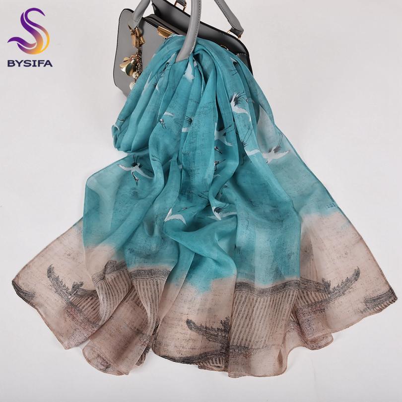[BYSIFA] Bean Green 100% Silk Chiffon Hijab Scarf Ladies Brand Long Scarf Beach Shawls Autunm Winter Women Floral Design Scarves