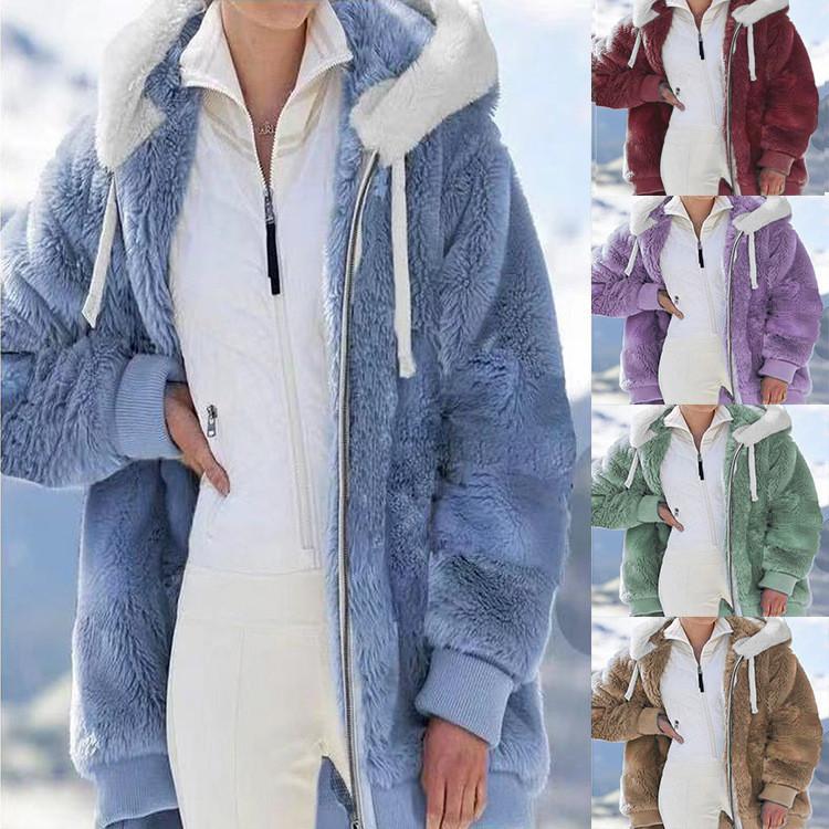 Women Autumn and Winter Loose Plush Zipper Hooded Jacket Coat
