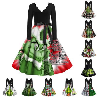 Женское облегающее платье свободного кроя с рождественским принтом, контрастной строчкой, V-образным вырезом и длинными рукавами