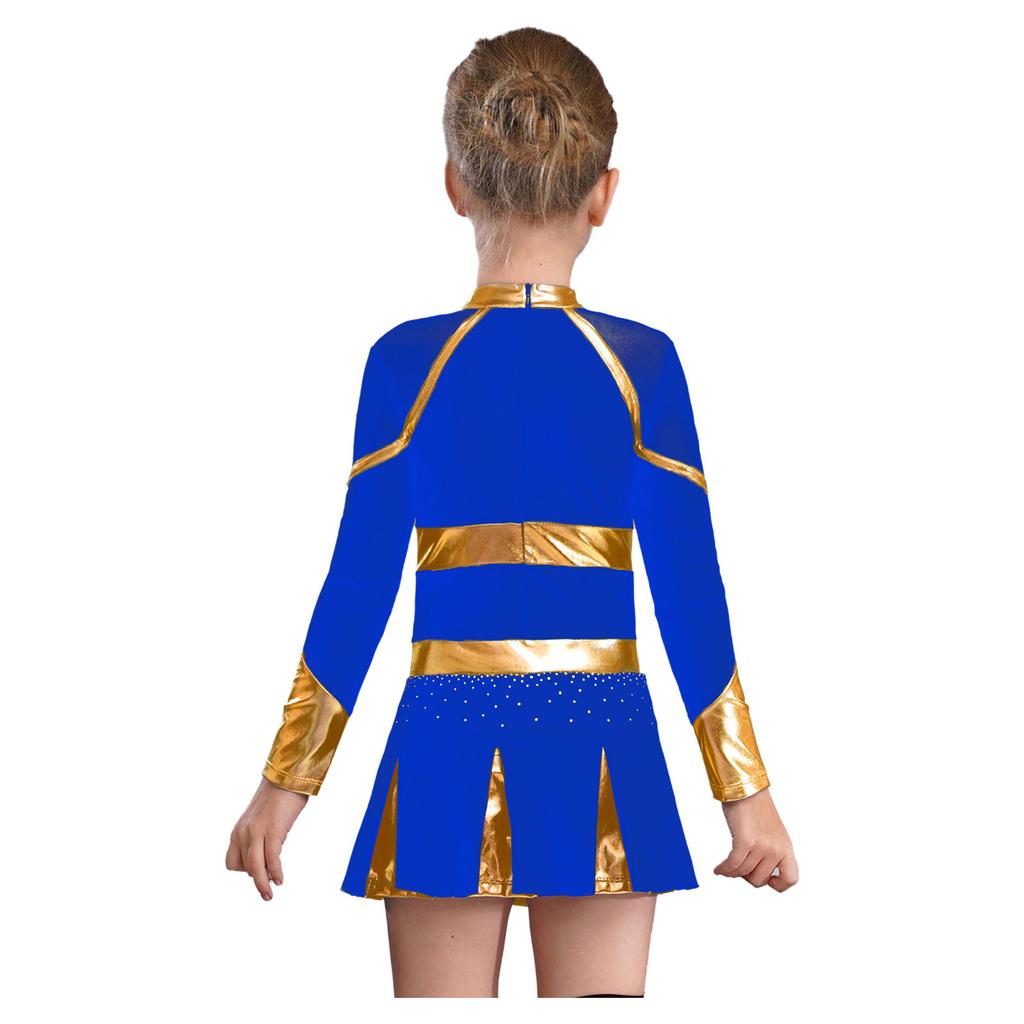 Girls Sparkly Rhinestones Letter Pattern Metallic Contrast Patchwork Long Sleeve Pleated Cheerleading Dress