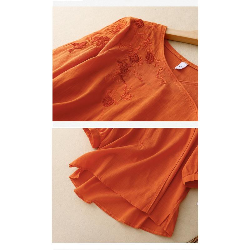 Новый летний стиль 700-й рукав три четверти Вышитая рубашка для женского литературного ретро свободного кроя Вышитый хлопок и лен Топ