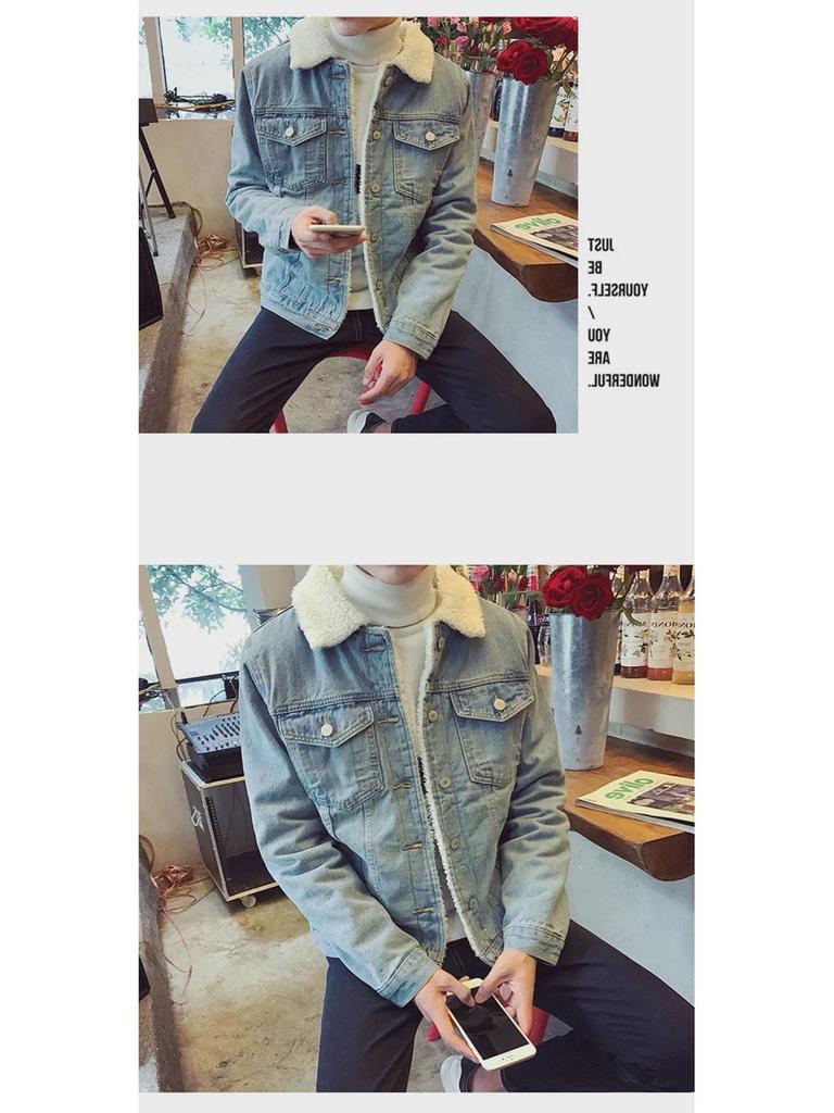 Мужская зимняя джинсовая куртка в стиле ретро с меховым воротником и подкладкой из овечьей шерсти