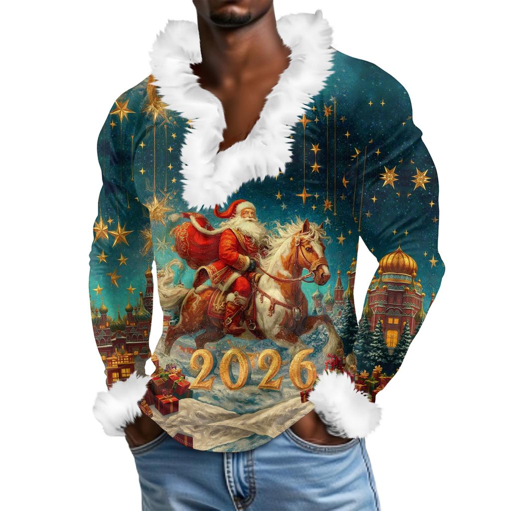 Мужской повседневный рождественский плюшевый свитшот с V-образным вырезом и длинными рукавами из флиса