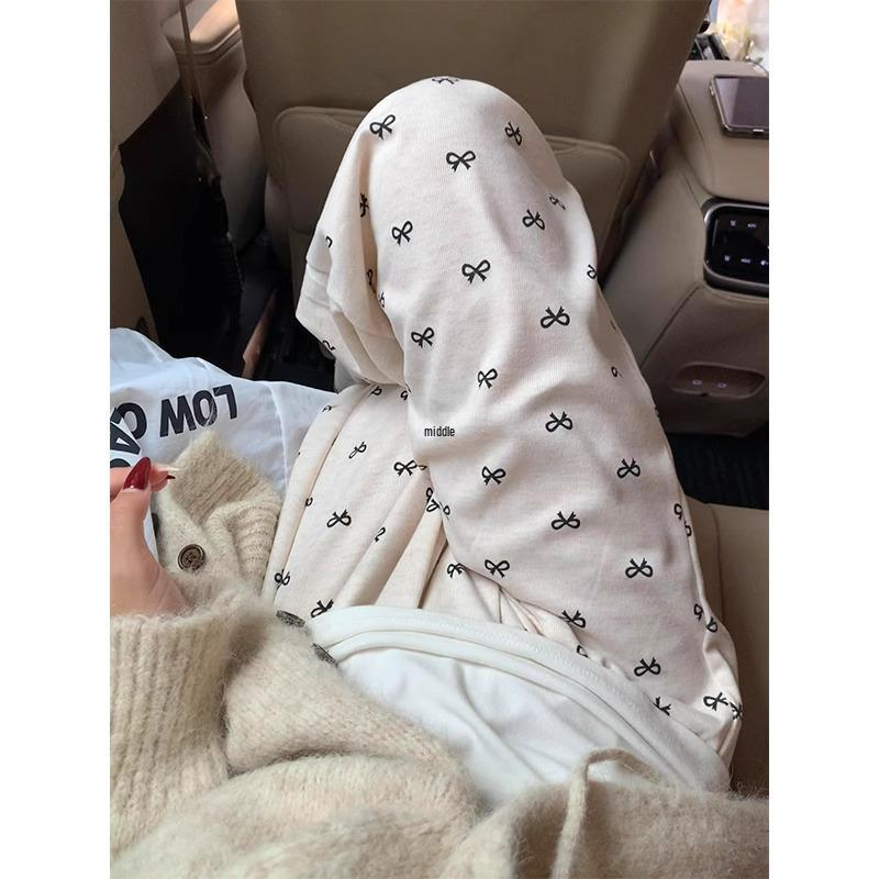 Petite Bow Print Wide-Leg Pants for Spring & Autumn - Korean Design, Drape Slimming Straight Leg (Sizes 145-150)