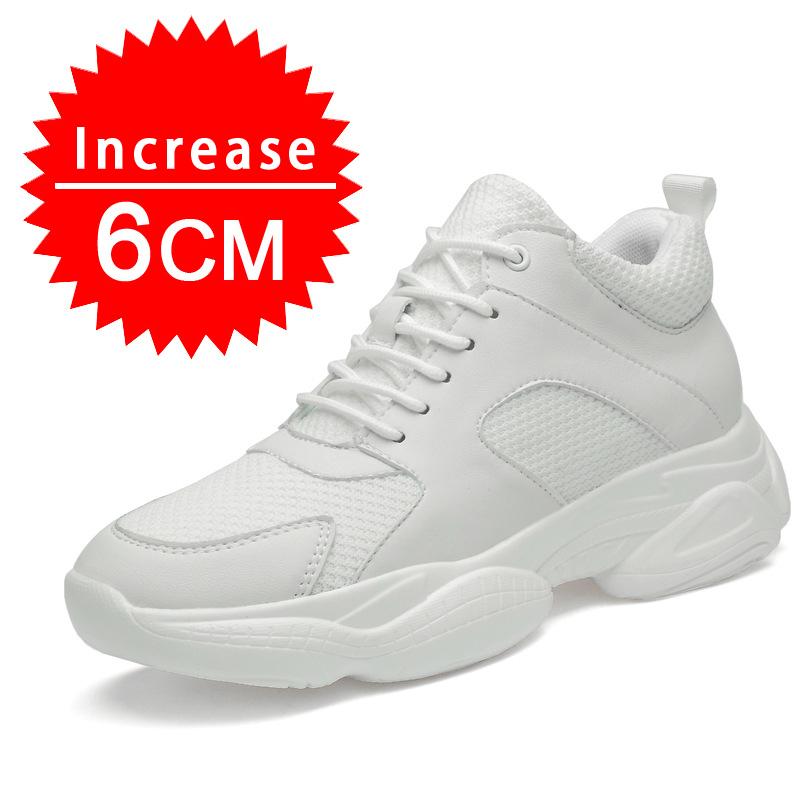 Men Mesh+Leather Elevator Sneakers 8cm Insole Height Increased Shoes Teenager Unisex Hidden Heels Inner Heightening Lift Sports