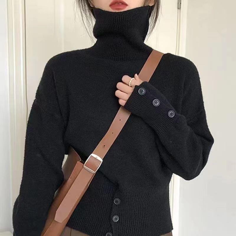 Однотонный женский свитер с высоким воротом на осень-зиму в стиле ретро в Корейском стиле с ленивым узором
