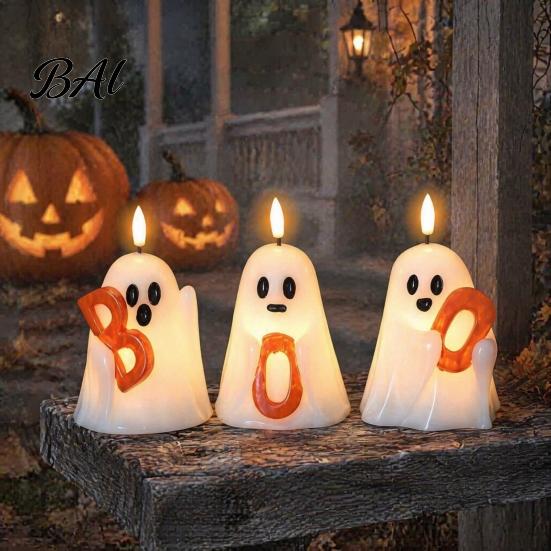 Kid Friendly Halloween Gifts Ghost Flameless Candle, Cute Holding BOO Letter Tealight, Haunted House Party Supplies Battery Operated LED Flickering