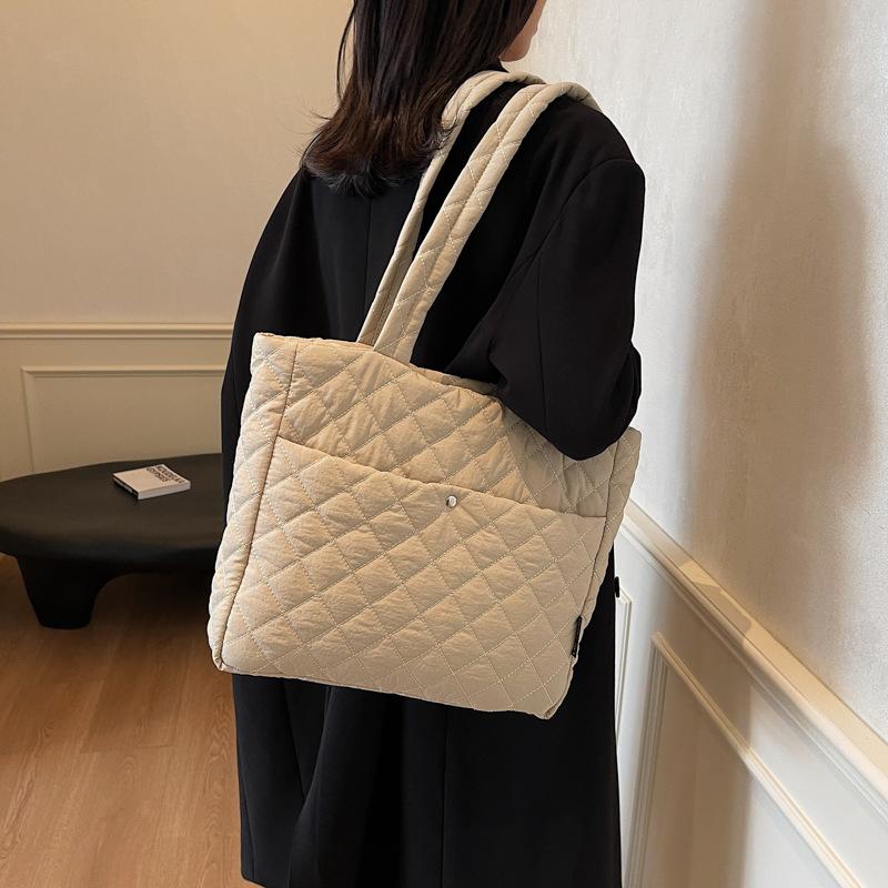 Осенне-зимняя хлопковая сумка, повседневная сумка-тоут большой вместимости, женская модная сумка через плечо из ромбовидного холста
