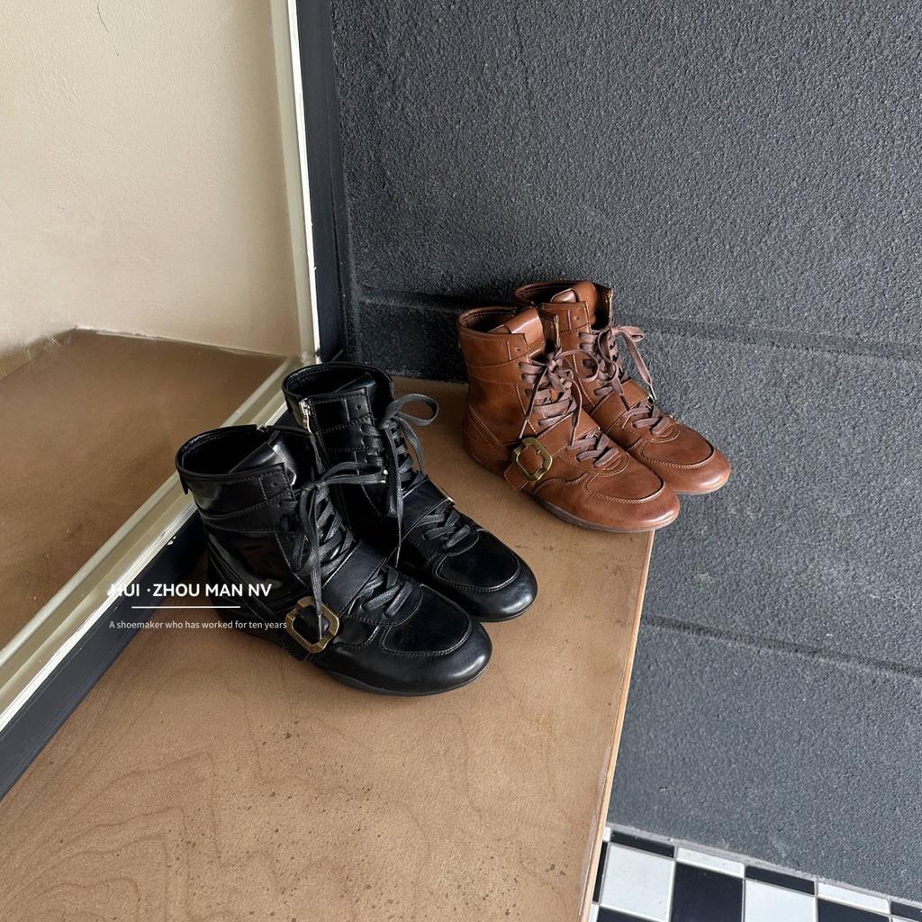 Retro Belt Buckle Flat-bottomed German Training Martin Boots Women's 2025 Autumn and Winter New Versatile Casual Sports Style Boxing Short Boots