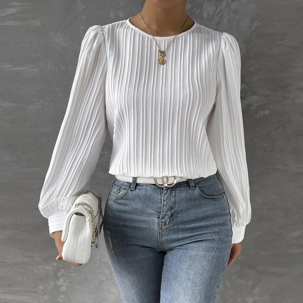 Women's Fashionable Round Neck Long Sleeved Solid Color Loose Shirt Top