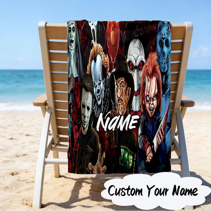 Custom Name orror characters Collage Microfiber Beach Towel Super Soft & Absorbent for Bath, Beach, Travel Bath Time Accessory, Fan gifts