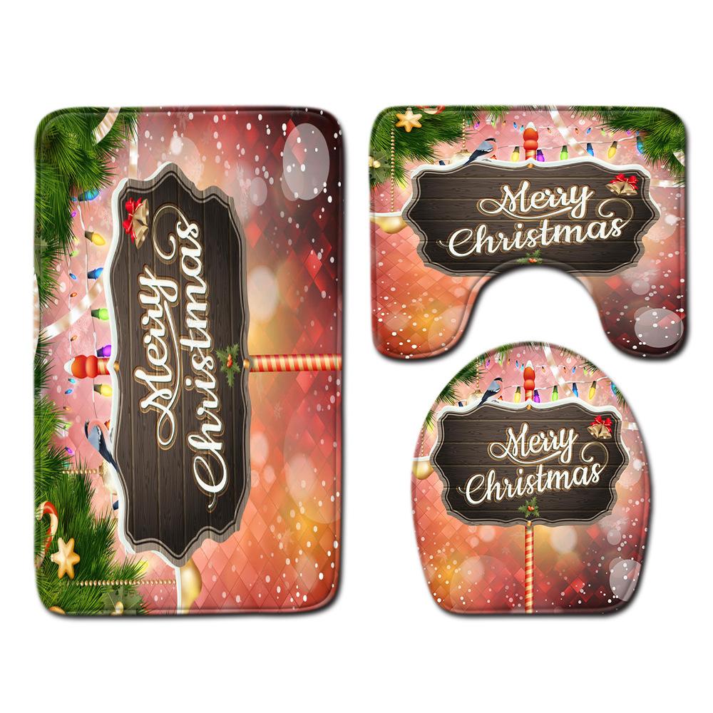 Christmas Bathroom Non-Slip Door Mat, Shower Curtain Floor Mat Combination Four-Piece Toilet Absorbent Carpet