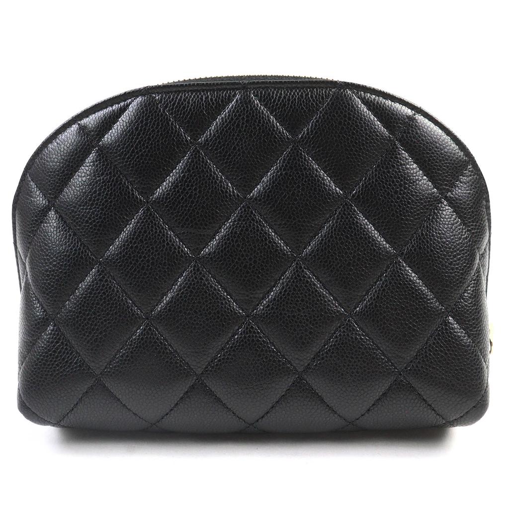 Excellent CHANEL Cosmetics Pouch COCO Mark Caviar Skin Matelasse Pouch Random Serial black Used