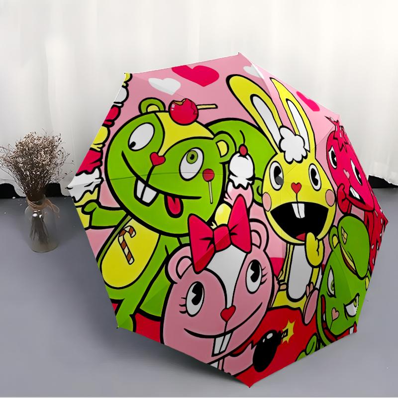 Автоматический зонт с принтом Happy Tree Friends3, 8 спиц, железный каркас, пластиковая ручка, подходит для путешествий на открытом воздухе и на каждый день, идеальный подарок