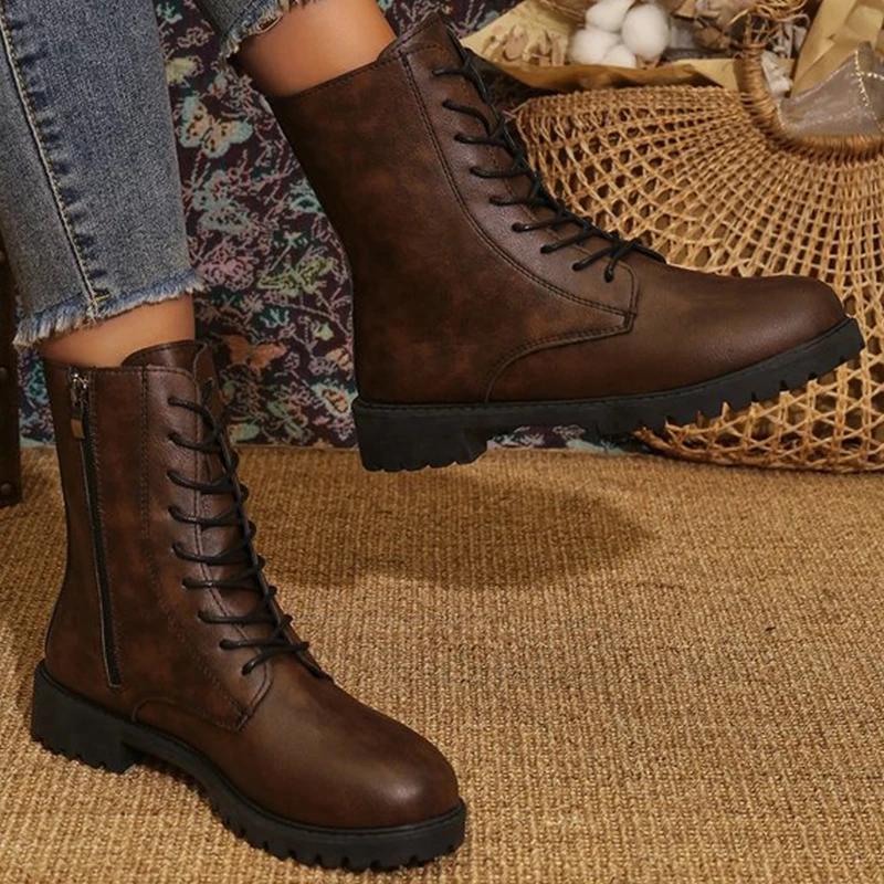 Fashion Women's Shoes British Solid Zip Ankle Boots for Woman Autumn Winter Round Toe Lace-Up Short Boots Women Pu Leather Shoes Zapatos