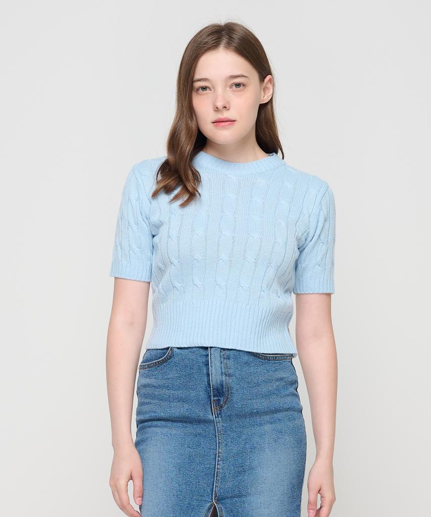 ROIDESROIS Cable Knit Short Sleeve Crop (Sky Blue)