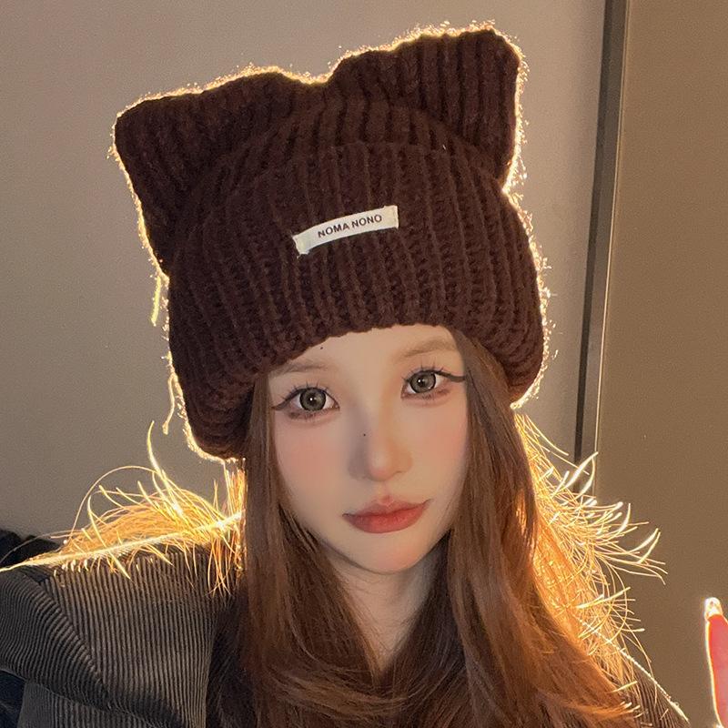 Japanese Cat Ear Wool Hat for Women In Autumn and Winter Warm Cute Knitted Hat Korean Version Versatile Cold Pullover Cold Hat