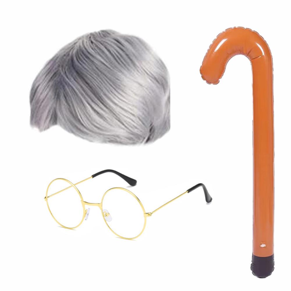 Inflatable Walking Stick Grandpa Accessories Set Glasses Old Man Cosplay Kits  School Party