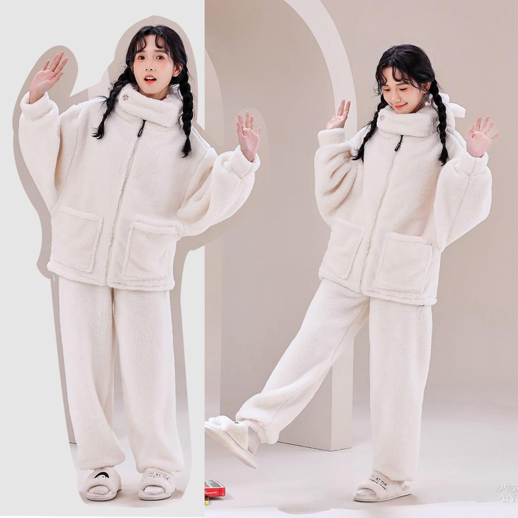 LAVASEON Winter Pajama Cute Animal Print with Bear Warm and Fun Open Fleece and Comfortable Loungewear for Fall and Winter Women's Set, Fluffy, Ears,