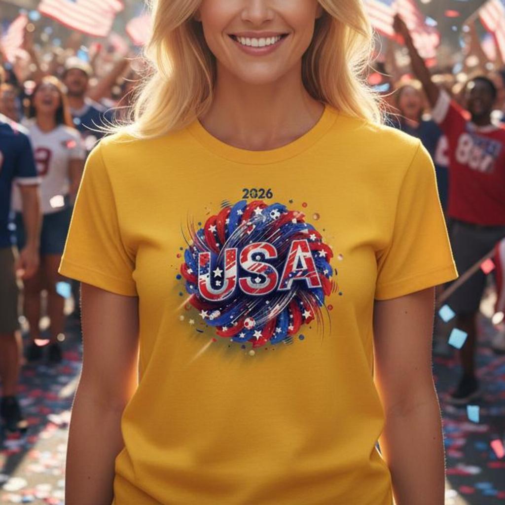 USA World Cup 2026 Football Fun T-Shirt | Firework Swirl Red White Blue Patriotic Tee