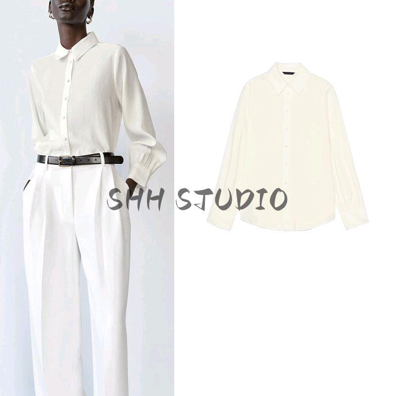 Spring New Women's Clothing Hong Kong Style Commute Style Lapel Long Sleeves Lining Button Decoration Drape Shirt 2157023