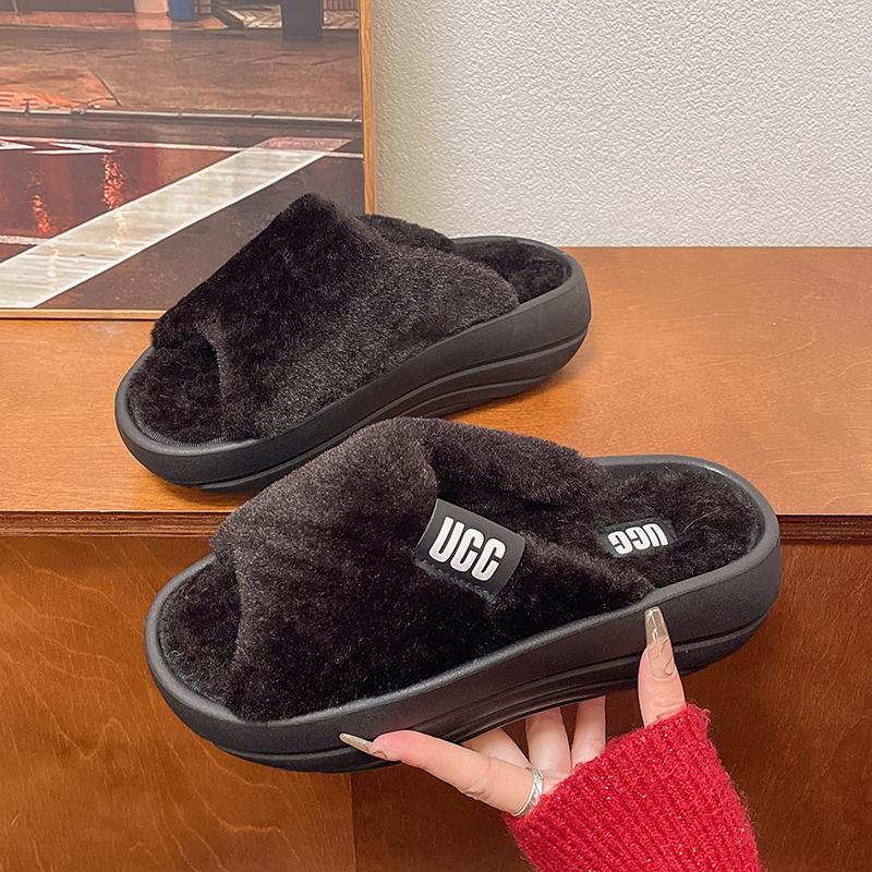 Fur Women Slippers Winter New Fashion Plush Shallow Mouth Indoor Outdoor Flip-flop Casual Bedroom Solid Color Slides Flat Shoes